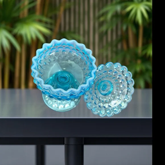 Vintage Fenton Blue Opalescent Glass Hobnail Footed Covered Candy Compote Dish